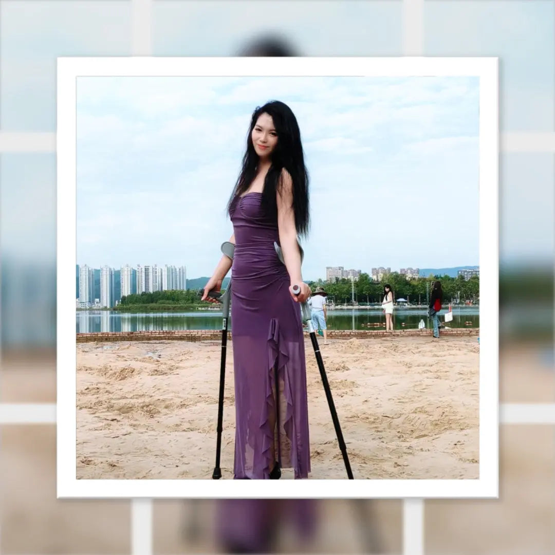 Alisa: Sak Amputee Girl walks by the lake wearing purple clothes AmputeeClub