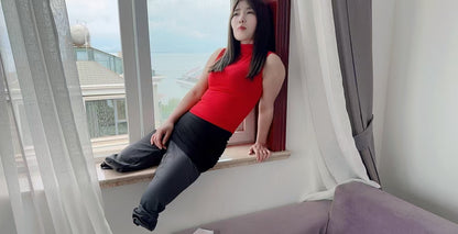 Sally: Dak Amputee Girl - Red clothed girl wearing a pair of prosthetic limbs