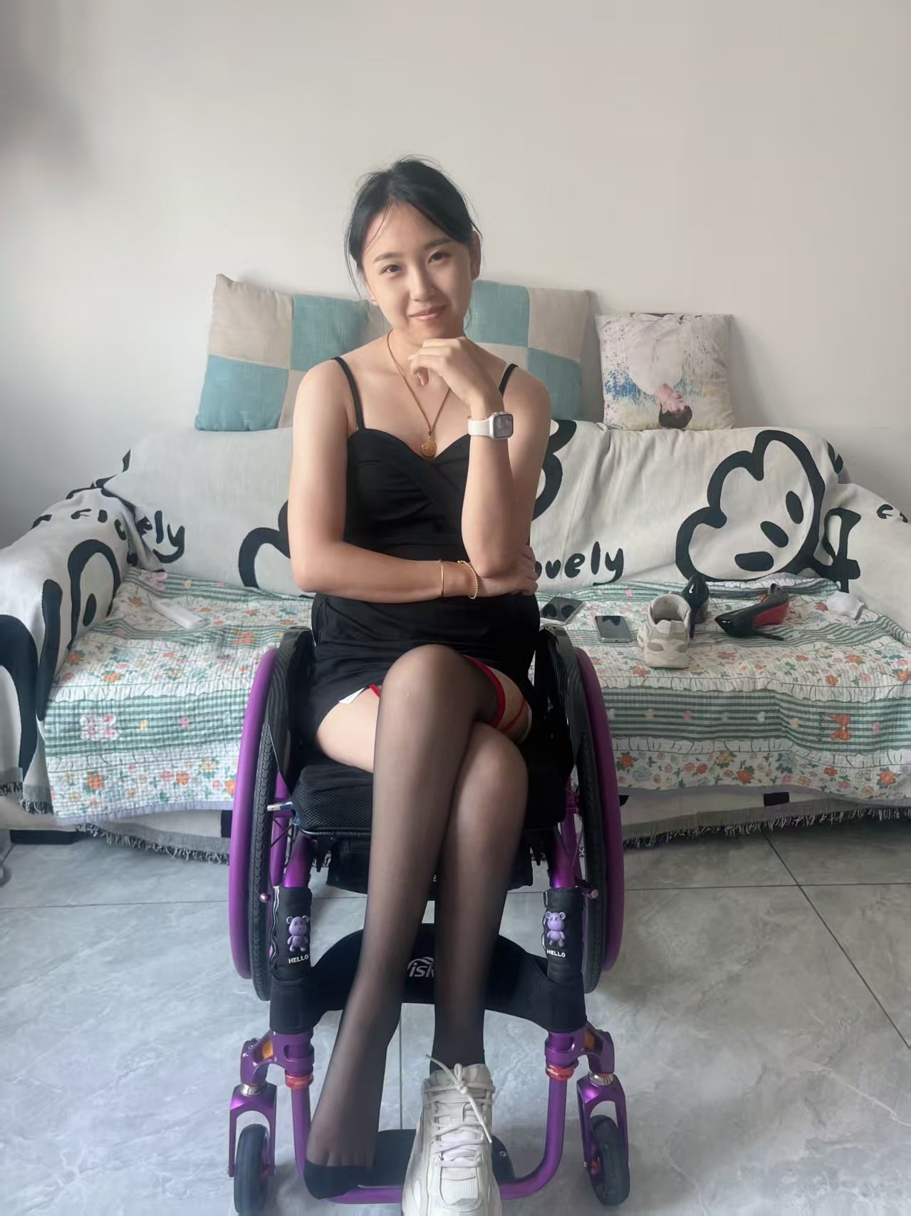 Zoe: Paraplegic Girl - rhinestone sandals and black stockings - AmputeeClub