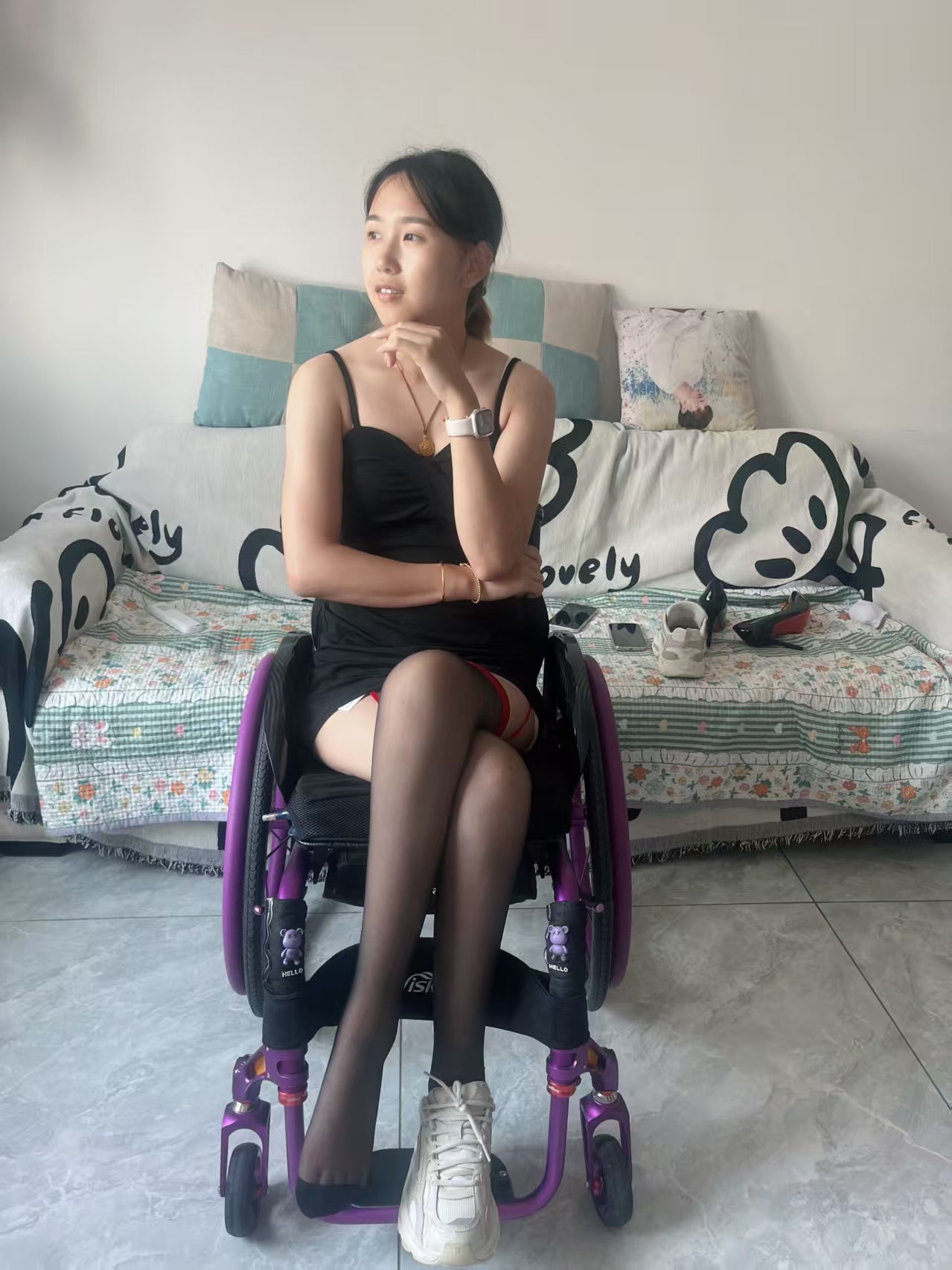 Zoe: Paraplegic Girl - rhinestone sandals and black stockings - AmputeeClub