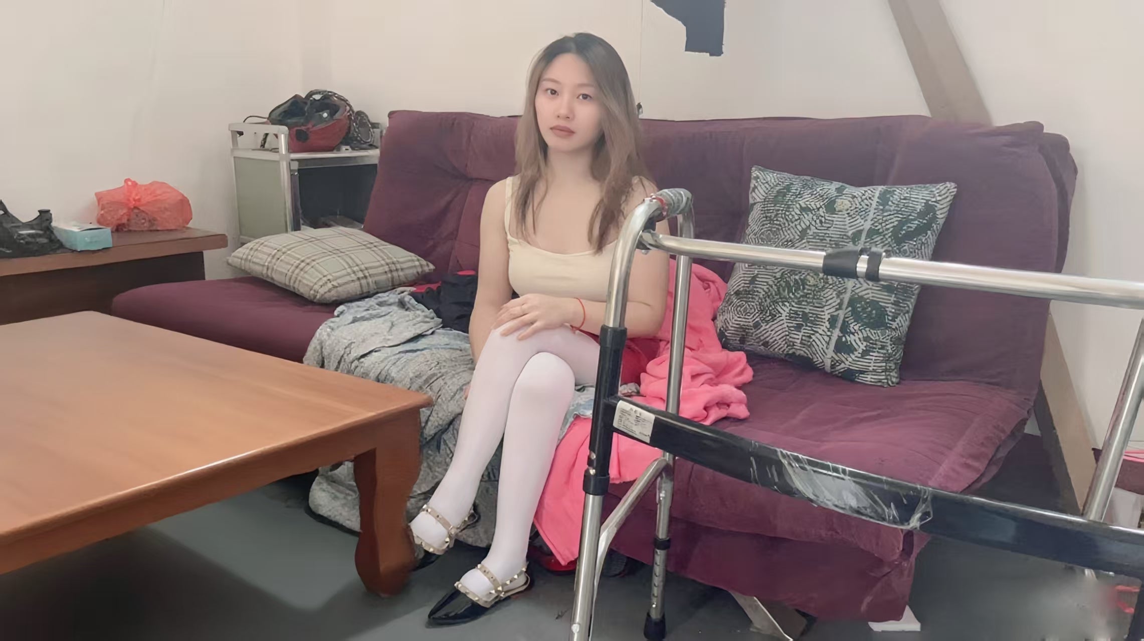 Miki: Polio Girl - Red Shoes and White Socks - AmputeeClub