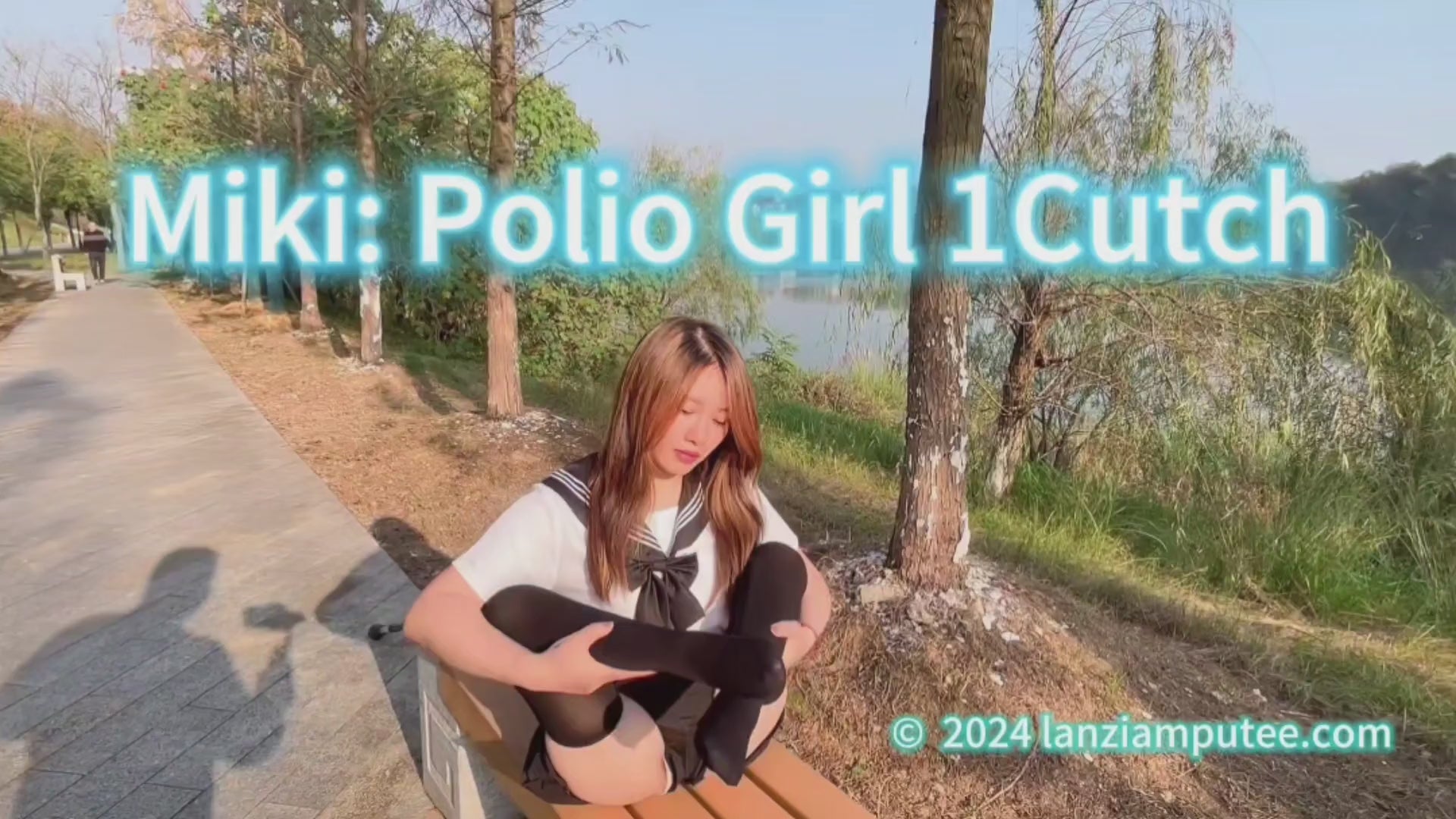 Miki: Polio Girl - Walking with One Crutch in the Park
